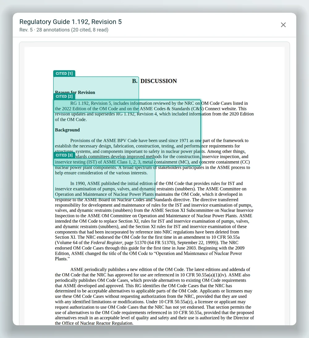 A citation opened beside the chat: page 4 of Regulatory Guide 1.192 Revision 5, with cited passages one to three outlined and labelled.