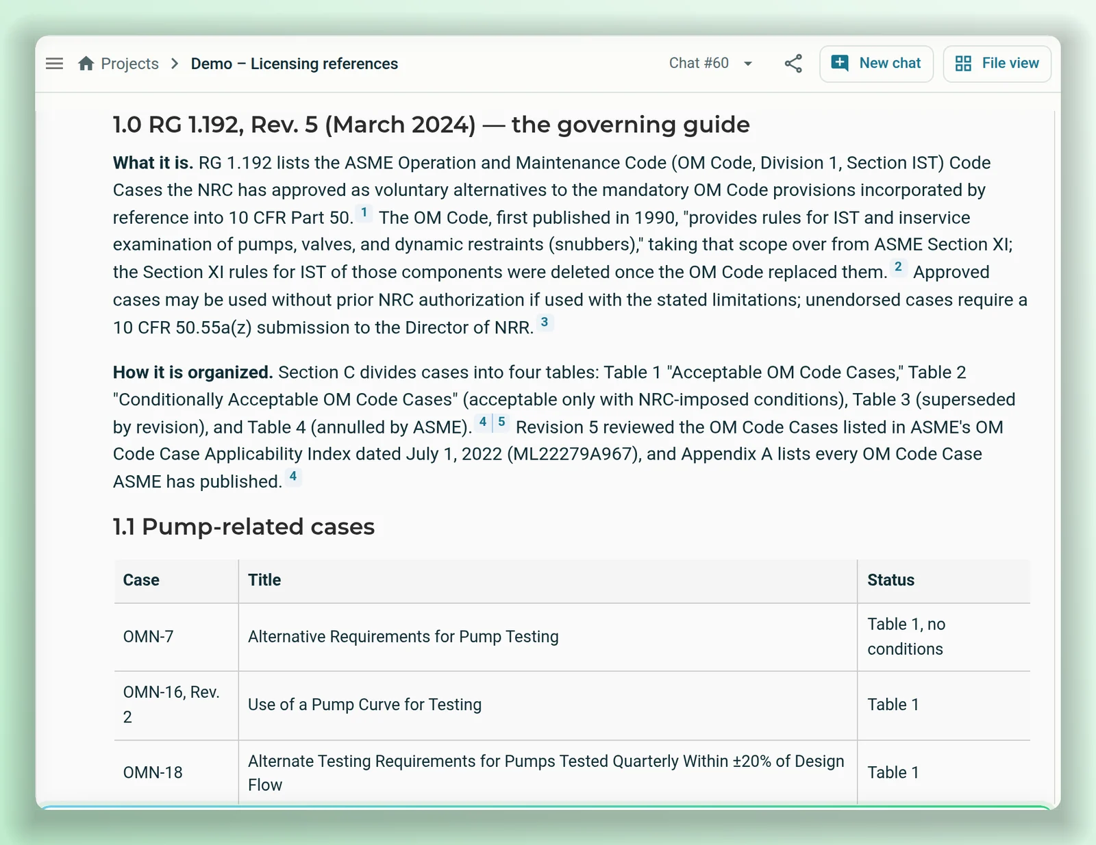 An AtomAssist answer about Regulatory Guide 1.192 Revision 5, with numbered citations after each statement and a table of pump-related code cases.